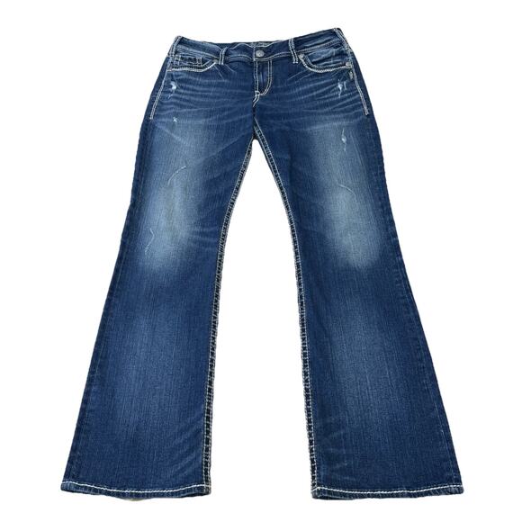 Silver Jeans Suki Mid Rise Distressed Slim Bootcut Blue Denim Jeans Women 31x31 - Picture 1 of 14